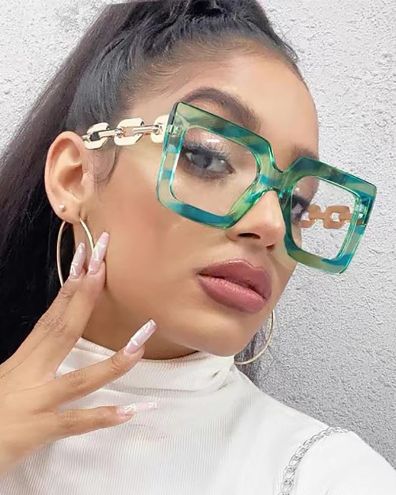 

1Pair Chain Clear Lens Big Square Frame Glasses, Green