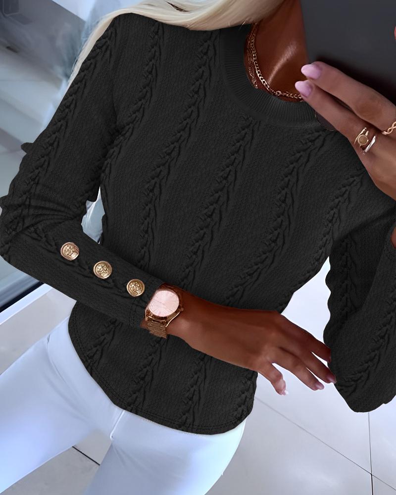 

O-Neck Buttoned Cable Textured Top, Black