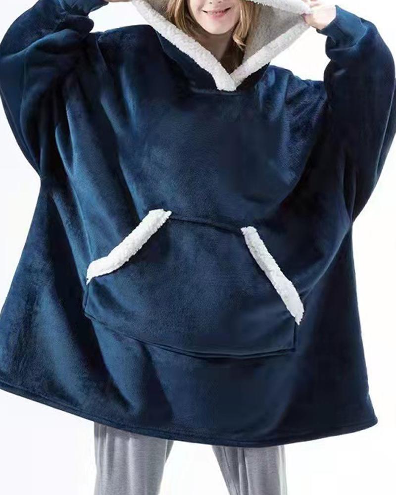 

Warm Fleece Lined Fluffy Oversized Wearable Blanket Hoodie, Purplish blue