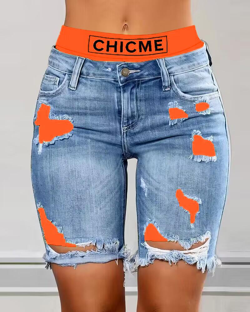 

Colorblock Letter Print Ripped 2-In-1 Denim Shorts, Orange