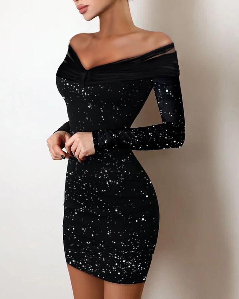 

Contrast Mesh Glitter Bodycon Dress, Black