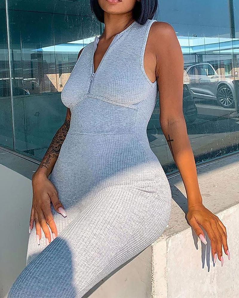 

Ribbed Zipper Design Plain Jumpsuit, Gray