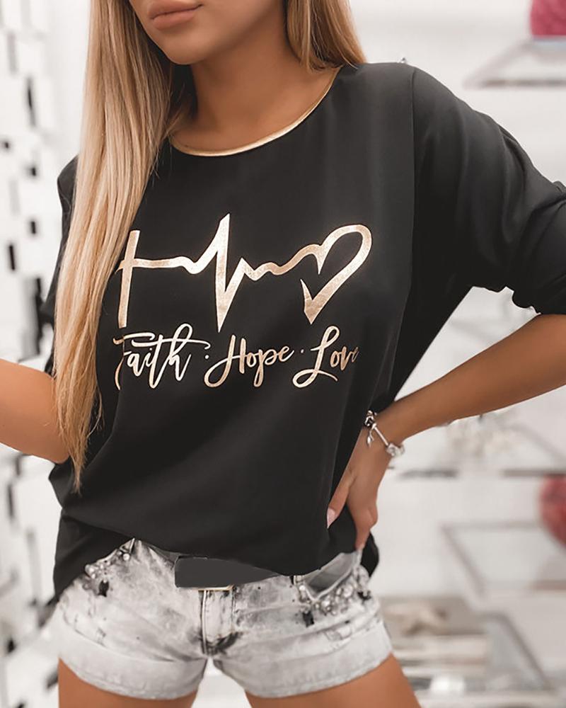 

Letter Print Long Sleeve Casual Sweatshirt, Black