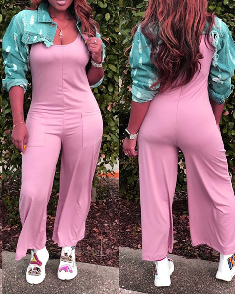 

Pocket Design Thick Strap Solid Jumpsuit, Pink