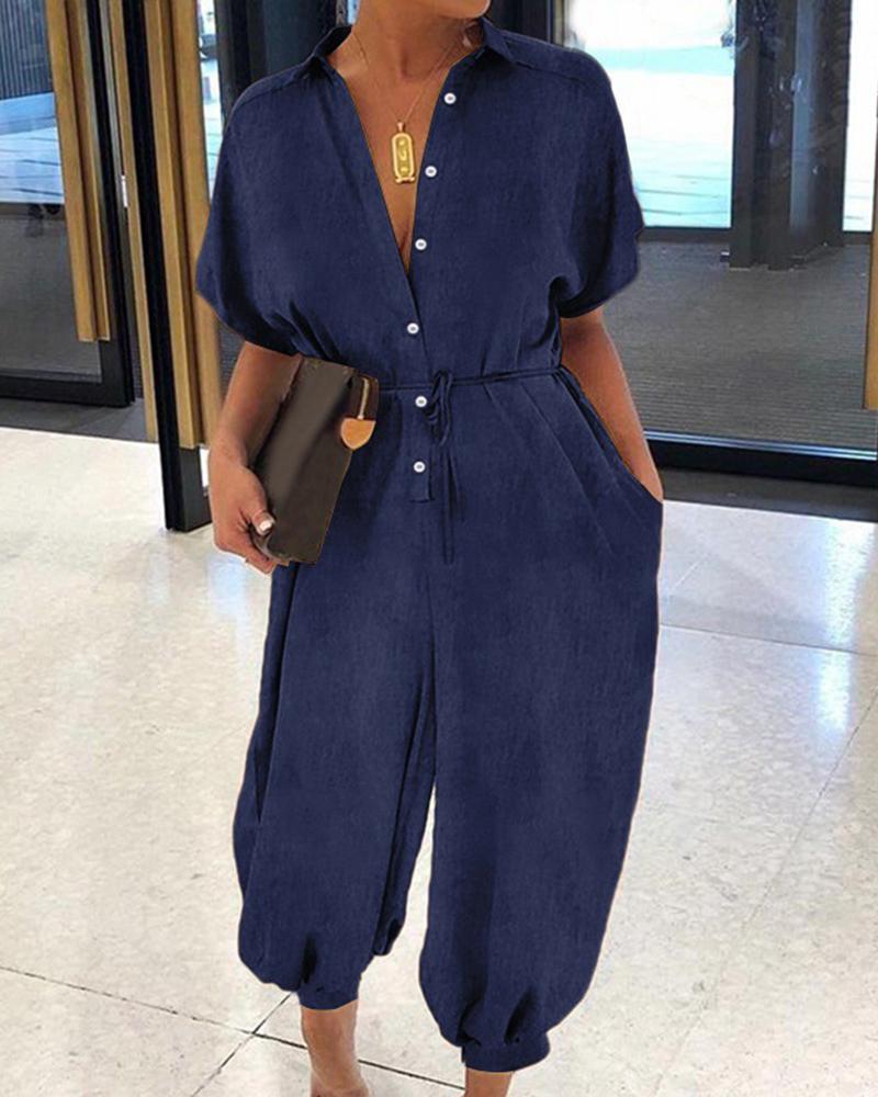 

Short Sleeve Plain Denim Maxi Jumpsuits, Dark blue