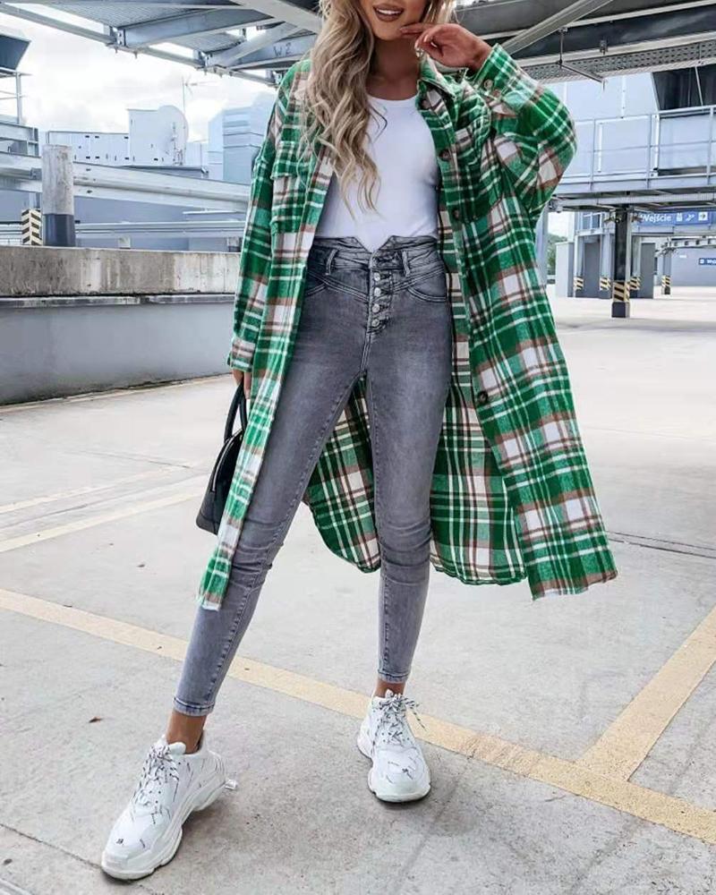 

Plaid Print Buttoned Asymmetrical Hem Top, Green