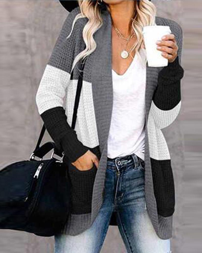

Color Block Open Front Pocket Detail Long Sleeve Cardigan, Black