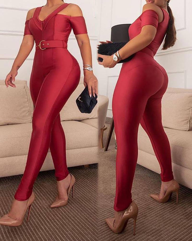 

Plain Cold Shoulder Zipper Design Skinny Jumpsuit With Belt Chic Daily Short Sleeve Jumpsuit, Red
