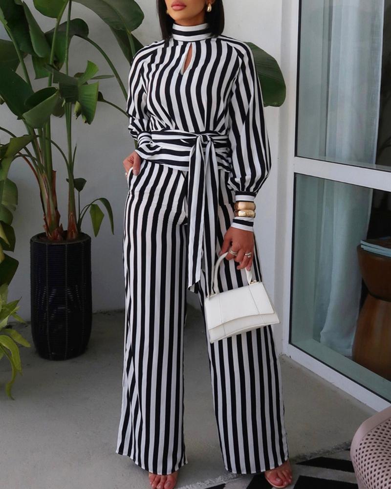 

Striped Keyhole Neck Tied Detail Top & Wide Leg Pants Set, Black