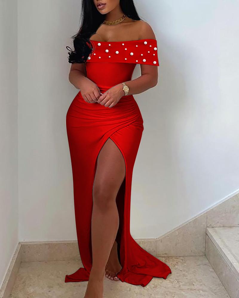 

Beaded Off Shoulder Split Thigh Maxi Dress, Red