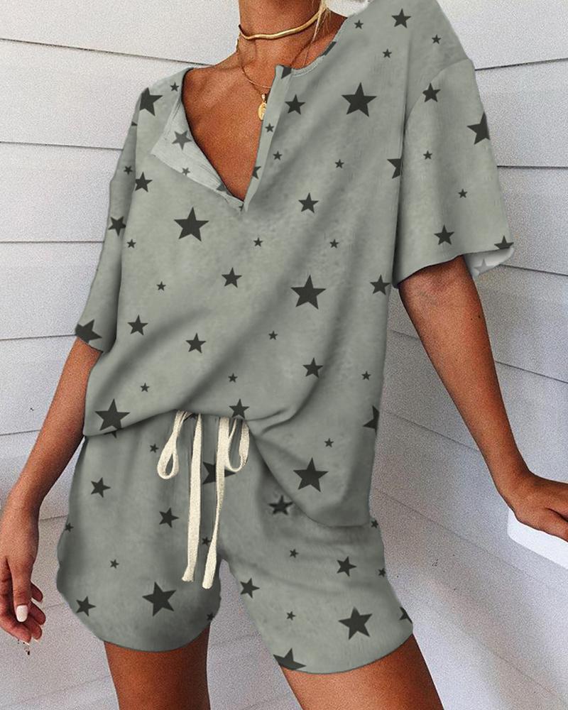 

Stars Print V-neck Short Sleeve Pajamas Set, Gray