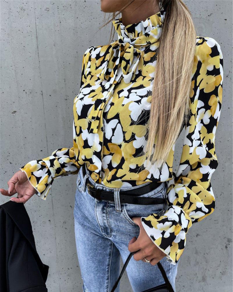 

Butterfly Pattern Print Bell Sleeve Top, Yellow