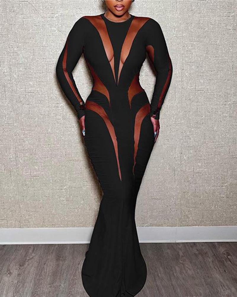 O-Neck Sheer Mesh Long Sleeve Mermaid Maxi Dress