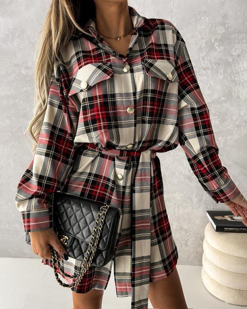 

Plaid Print Button Down Belted Shirt Dress, Red