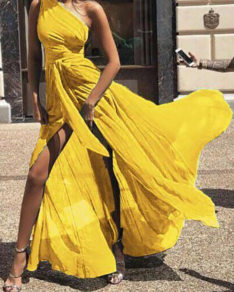 

One Shoulder Tie Waist High Slit Maxi Dress, Yellow