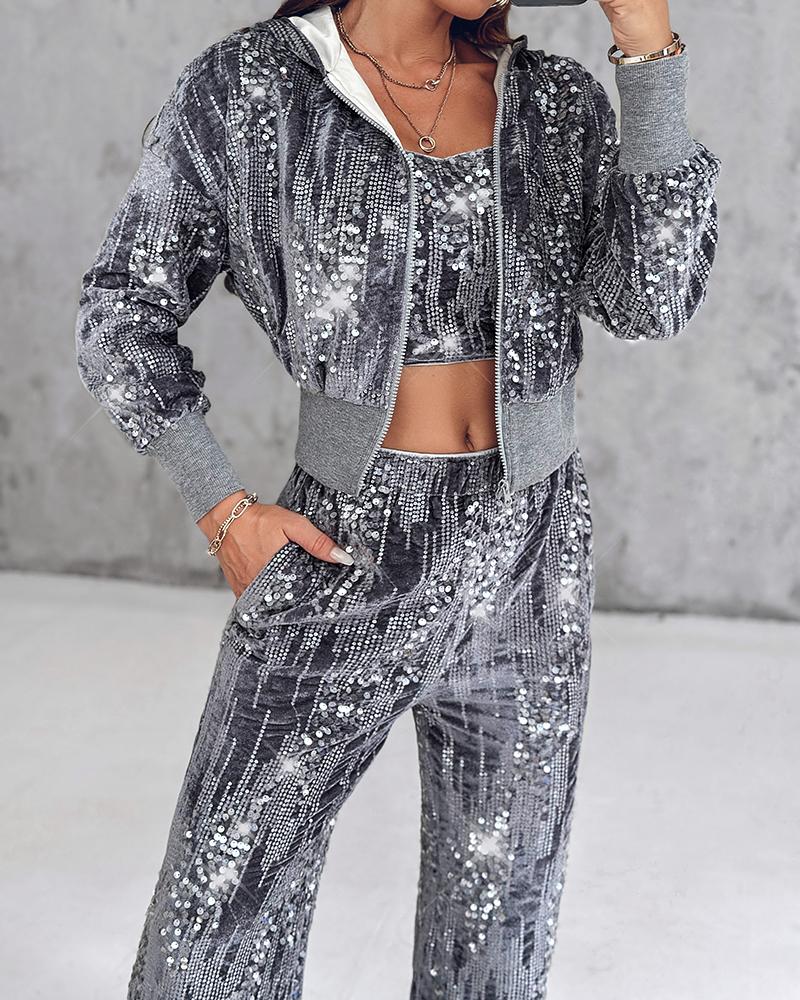 

3 Piece Velvet Contrast Sequin Bandeau Top Hooded Sweatshirt Pants with Pockets Tracksuit, Dark grey