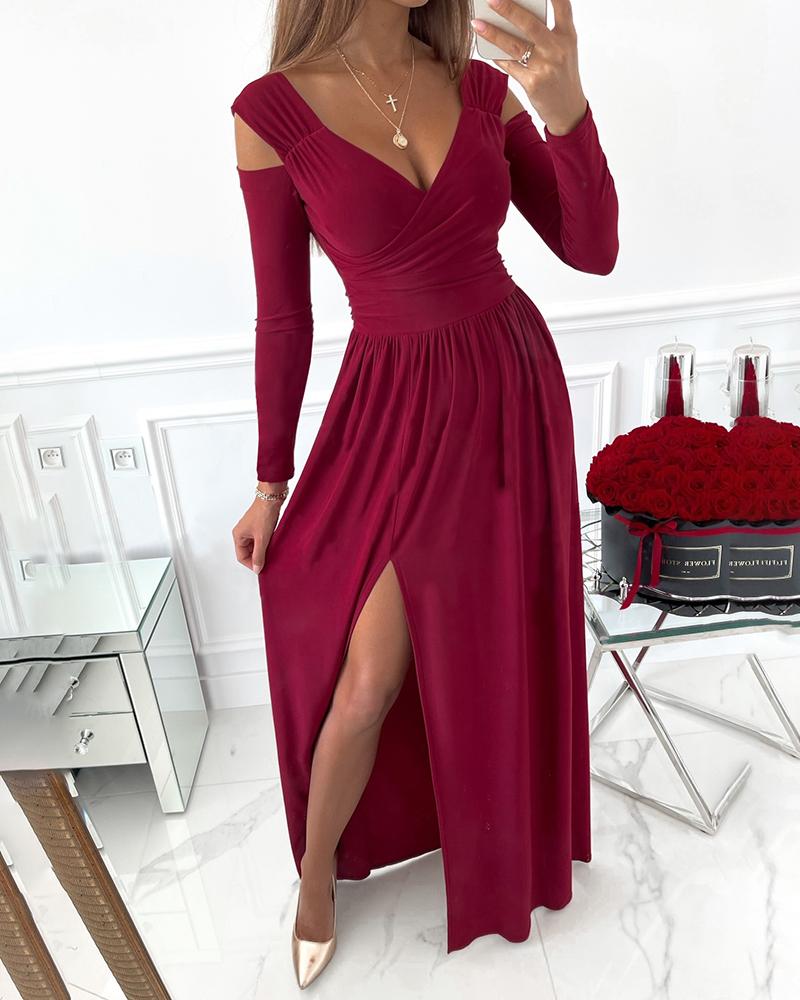 

Cold Shoulder Long Sleeve Slit Evening Dress, Wine red