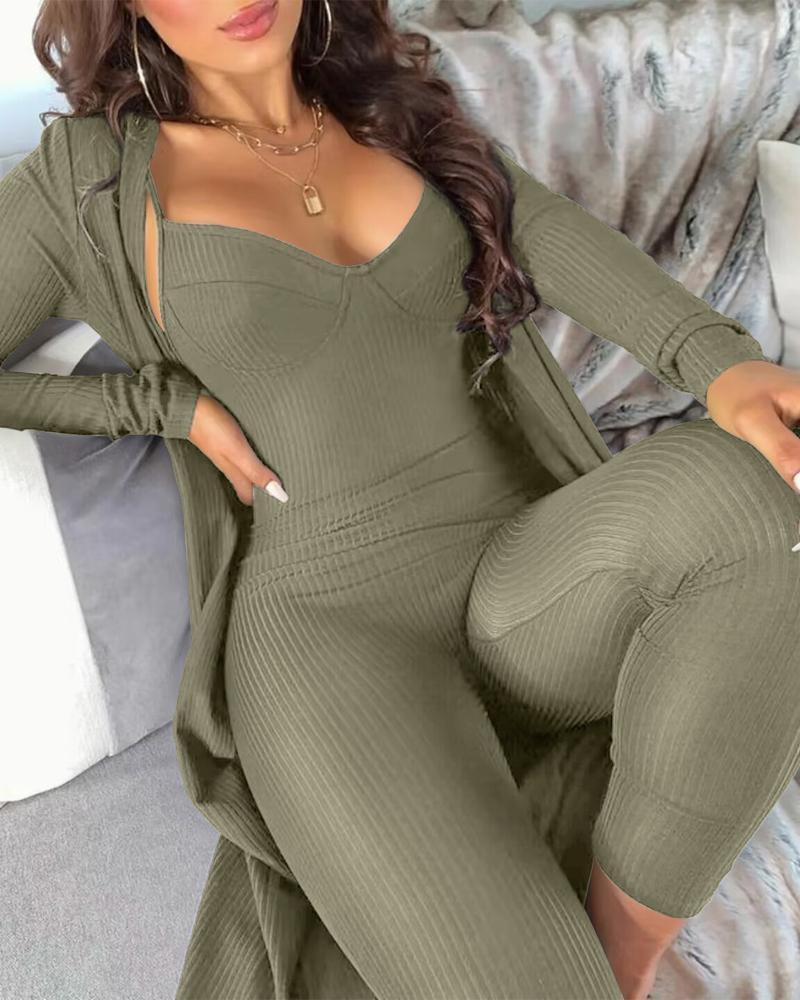 

V-Neck Spaghetti Strap Jumpsuit & Longline Coat, Army green