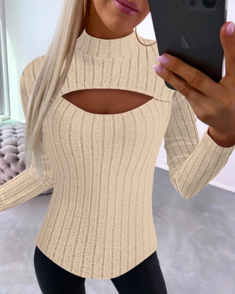 

Mock Neck Cutout Long Sleeve Ribbed Top, Apricot