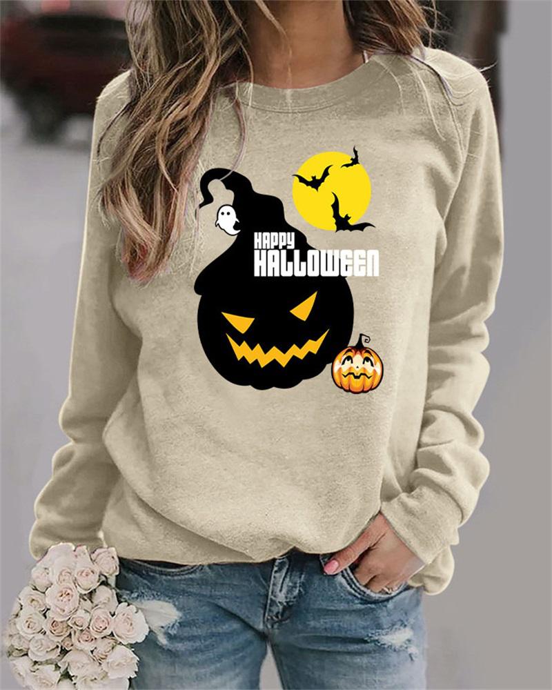 

Plus Size Halloween Graphic Print Long Sleeve Top, Khaki