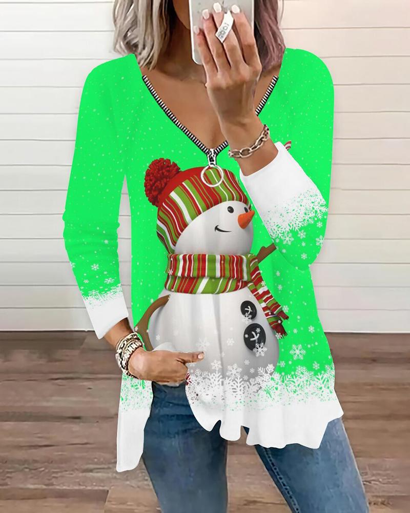 

Christmas Snowman Print Zipper Design Top, Green