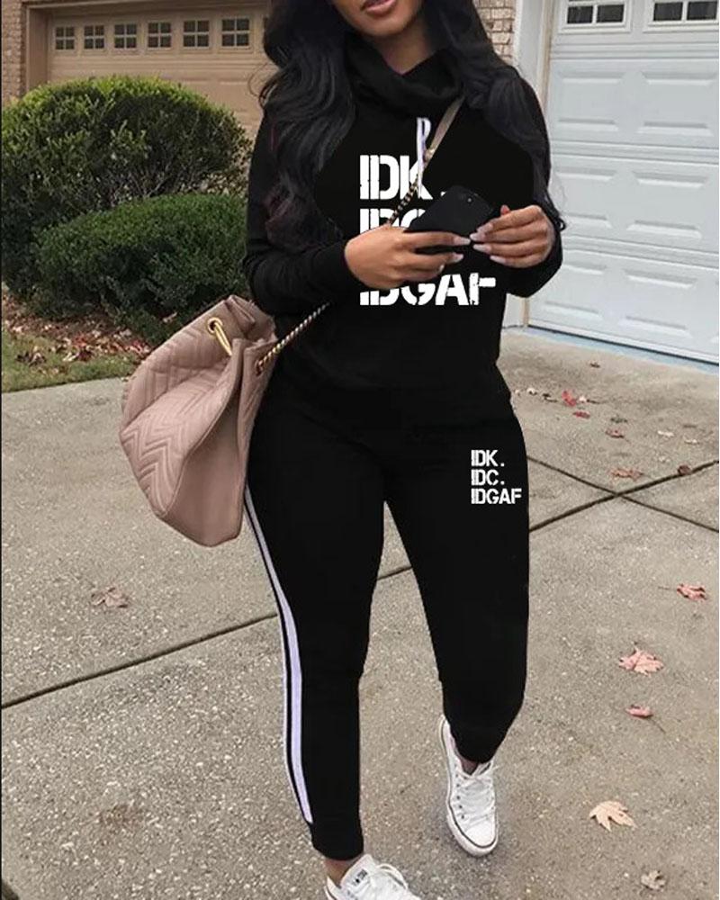

Plus Size Letter Print Long Sleeve Casual Top & Pants Set, Black