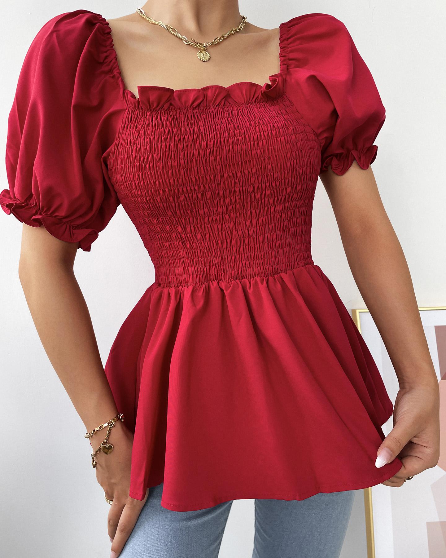 

Puff Sleeve Shirred Ruffles Ruched Top, Red