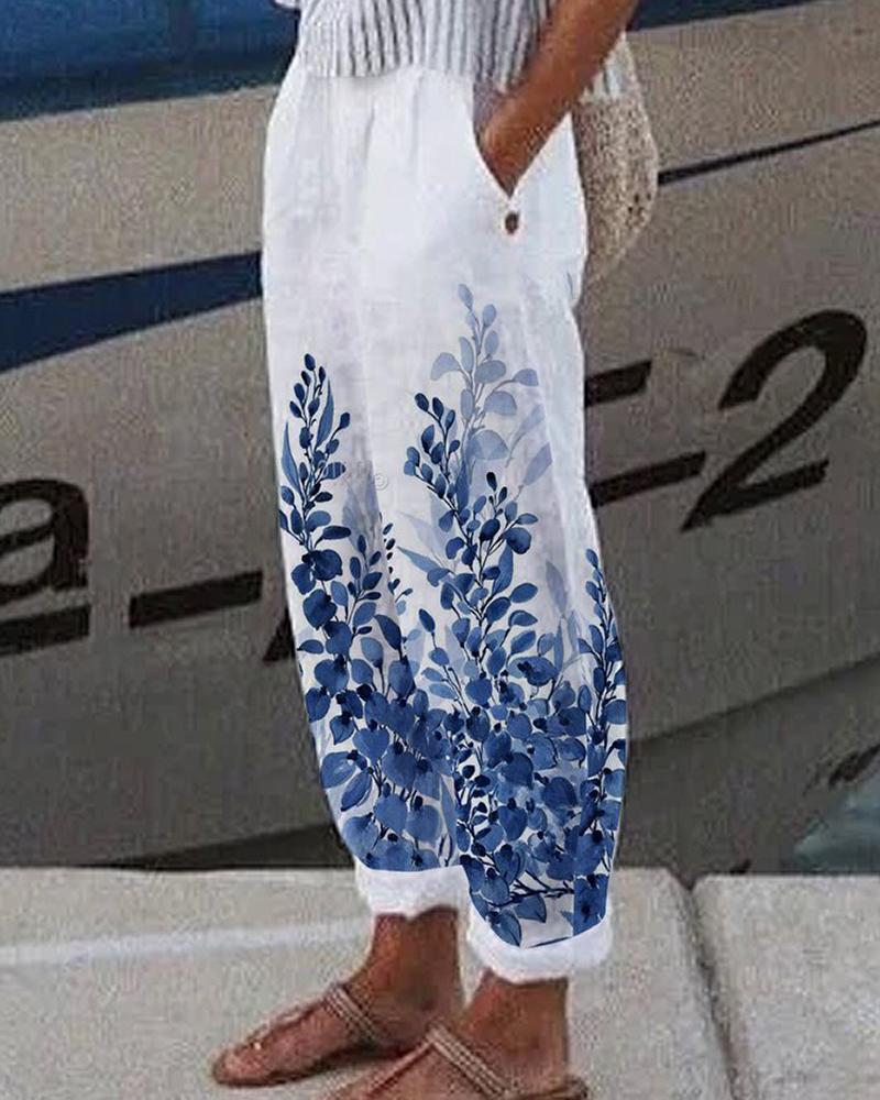 

Plants Print Buttoned Casual Pants, Blue