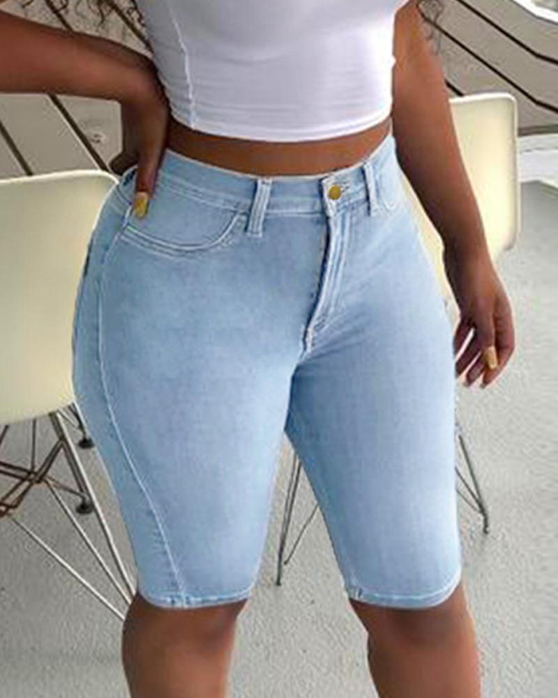 

Solid Zipper Fly High Waist Denim Shorts, Lighted blue