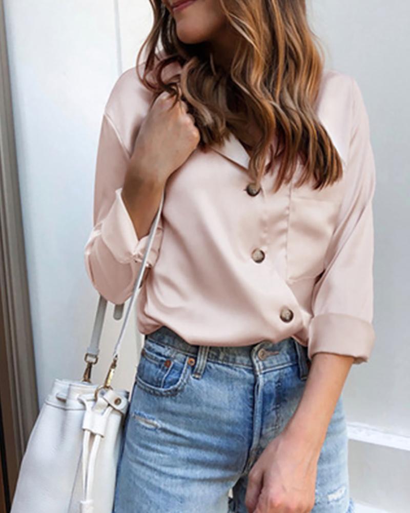 

Solid Long Sleeve Buttoned Casual Shirt, Pink