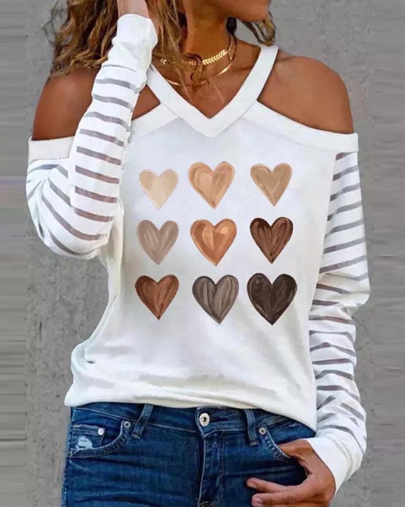 

Valentine' Day Heart Print Cold Shoulder Top, White