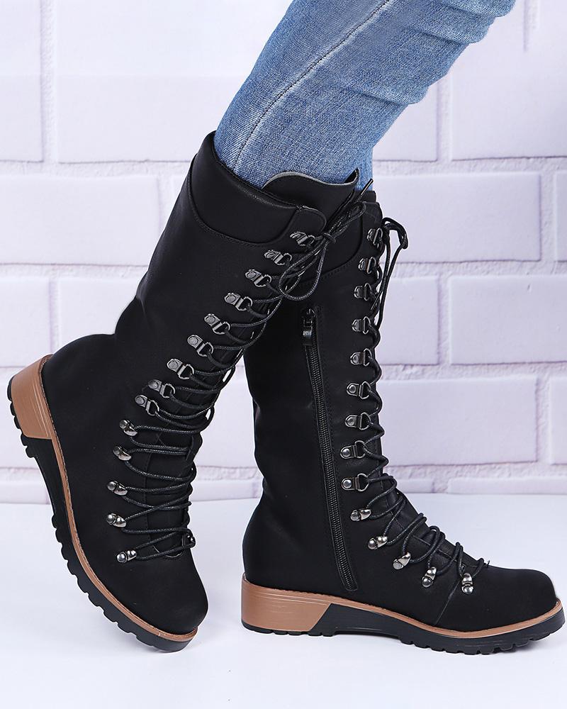 

Lace-up Side Zip Combat Boots, Black