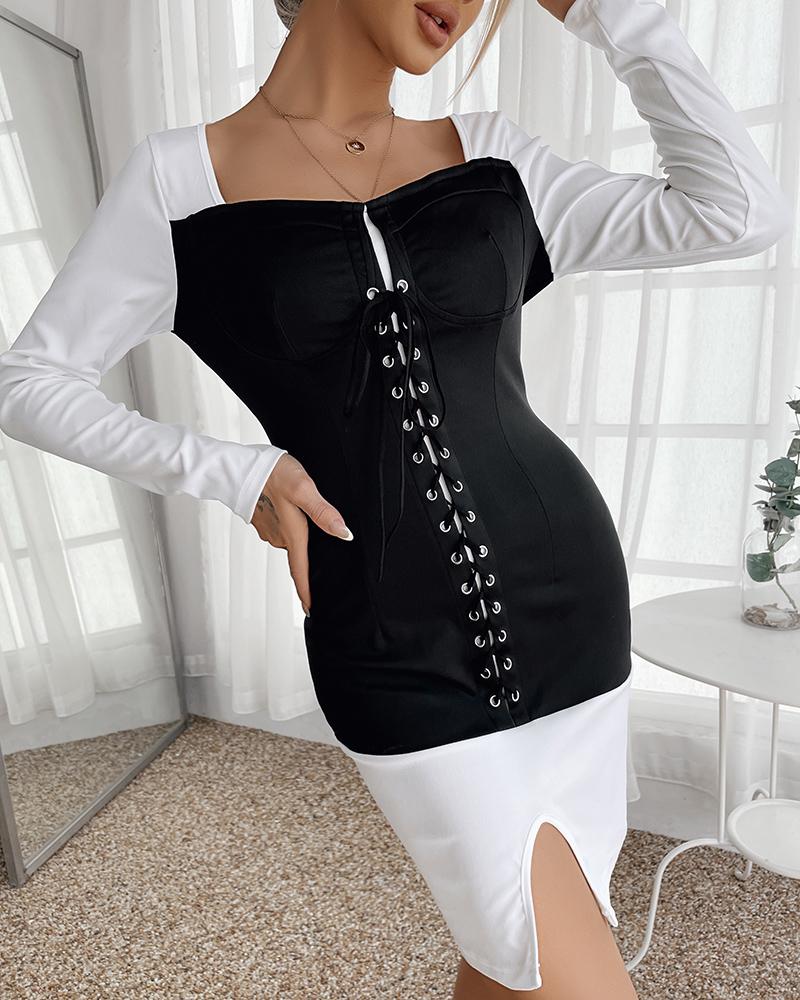 

Colorblock Eyelet Lace Up Slit Bodycon Dress, Black