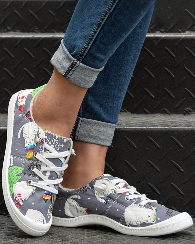 

Christmas Graphic Print Lace-up Lined Canvas Sneakers, Gray