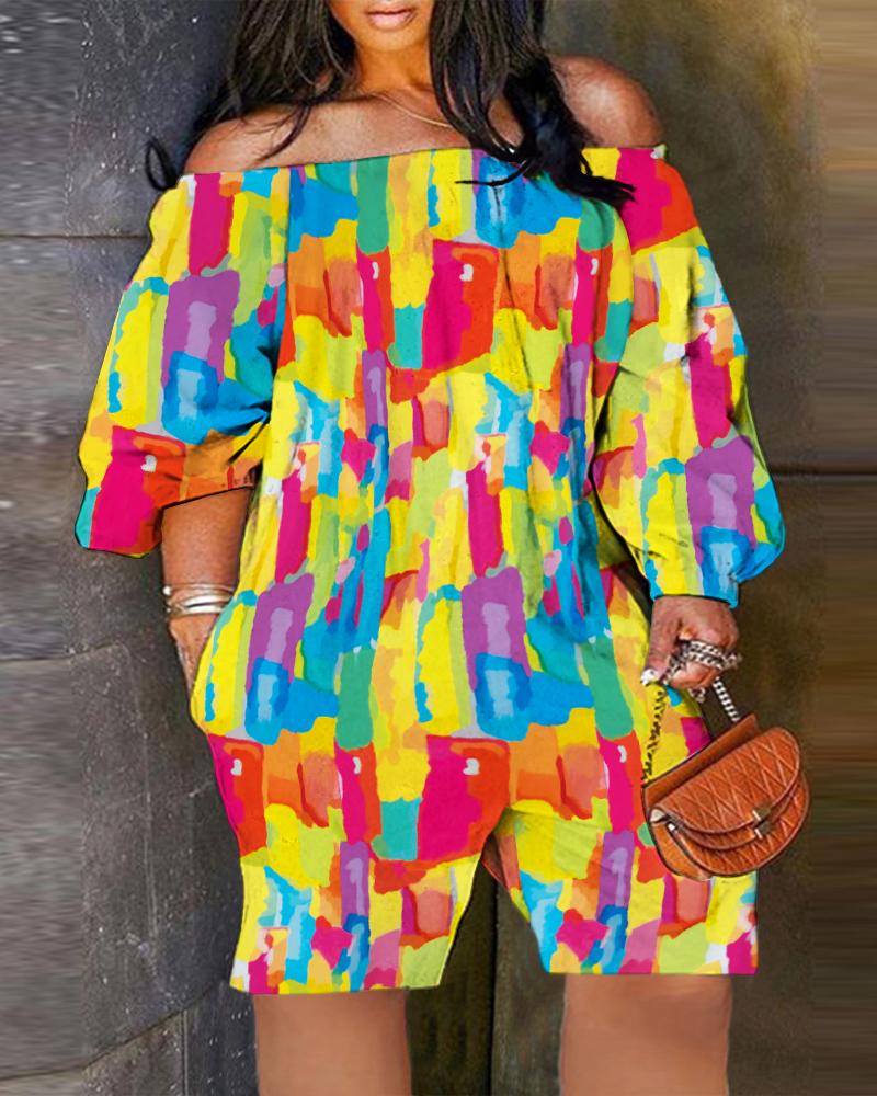 

Plus Size Melting Colors All Over Print Off Shoulder Romper, Yellow