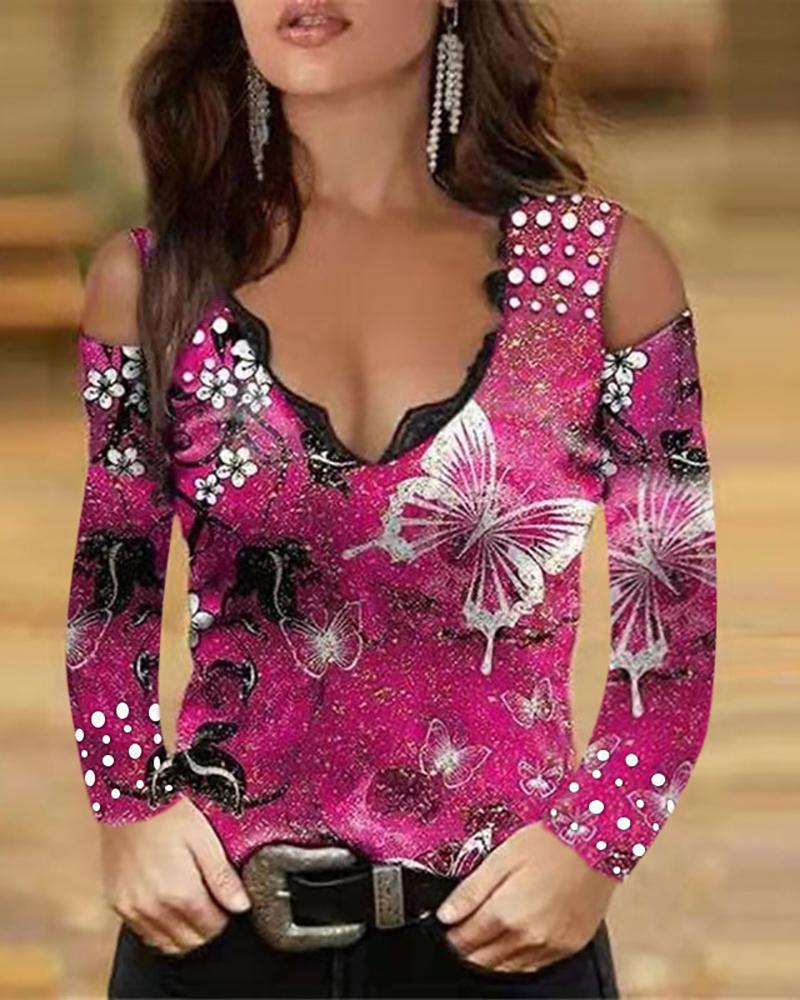 

Cold Shoulder Floral Print Colorblock Lace Trim Beaded Top, Hot pink