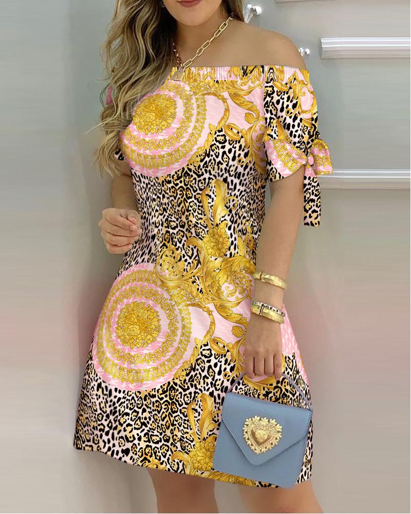 

All Over Print Off Shoulder Casual Dress, Leopard