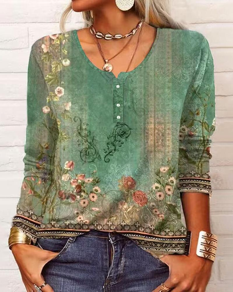 

Floral Tribal Print Buttoned Casual Top, Green