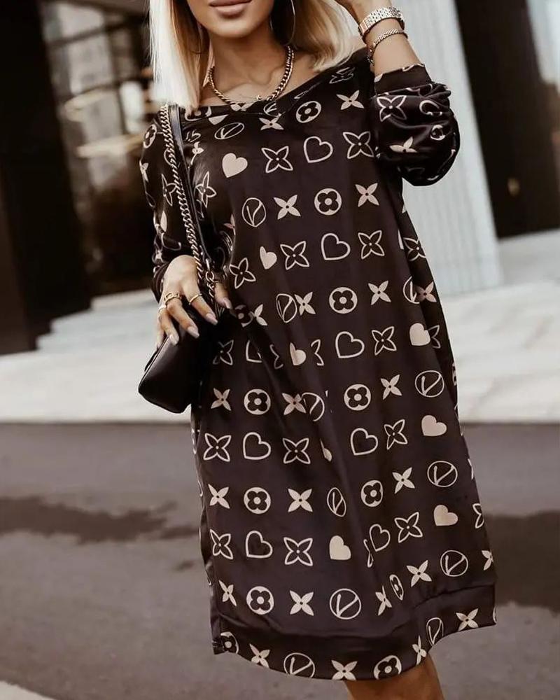 

Graphic All Over Print Long Sleeve Casual Dress, Black