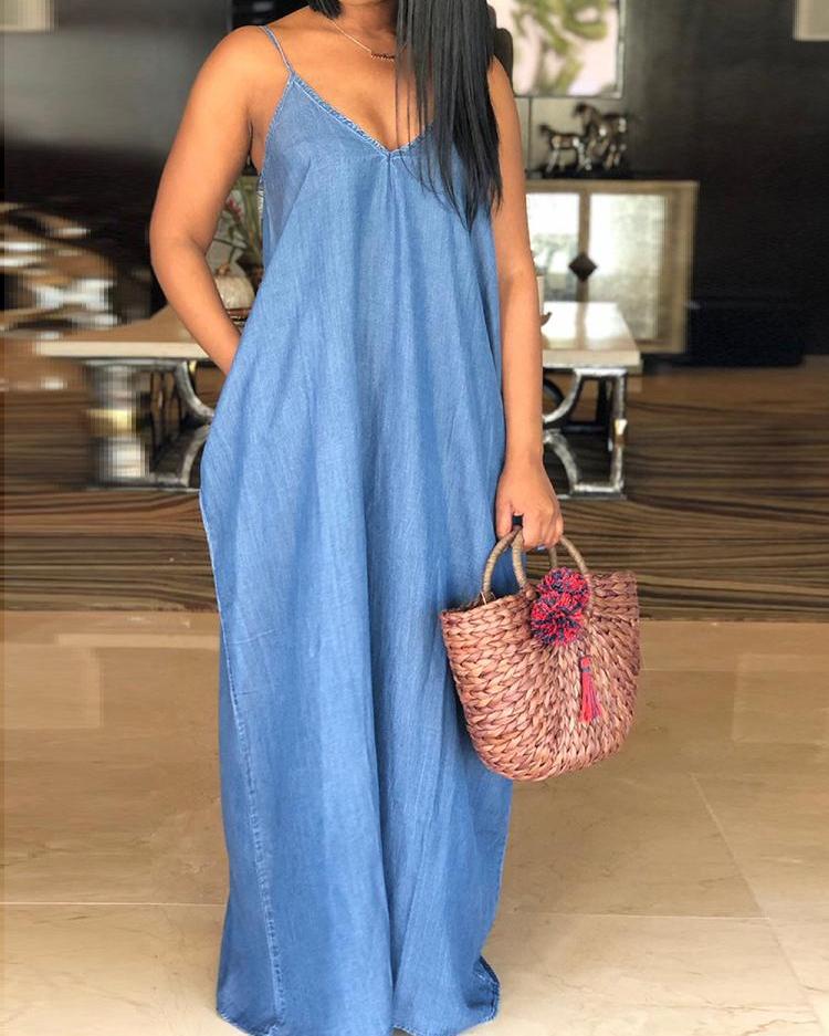 

Plus Size Plain Spaghetti Strap Denim Casual Dress, Blue