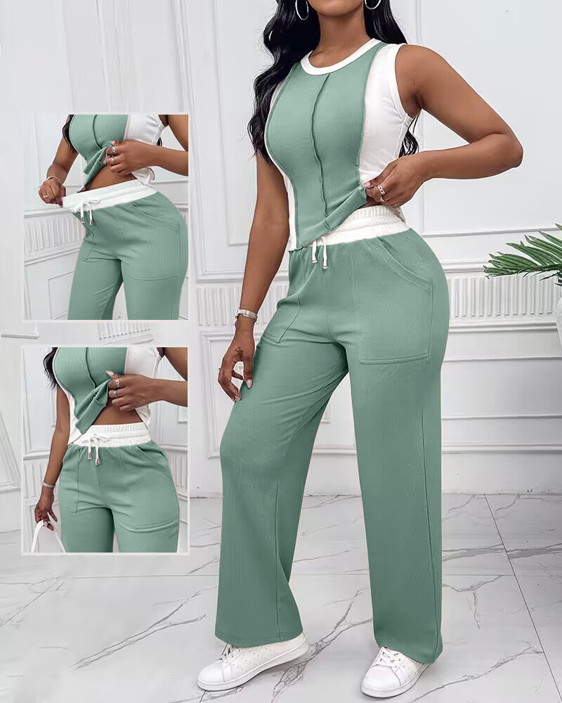 

Ensemble de vêtements de détente 2 pièces débardeur colorblock et pantalon à poche à jambe droite survêtement tenues décontractées, Green