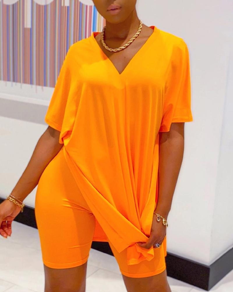 

Plus Size Batwing Sleeve Split Hem Top & Shorts Set, Orange