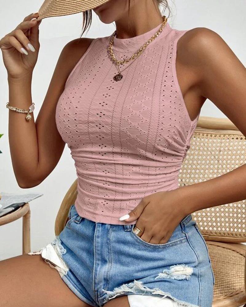 

Eyelet Embroidery Textured Ruched Tank Top, Pink