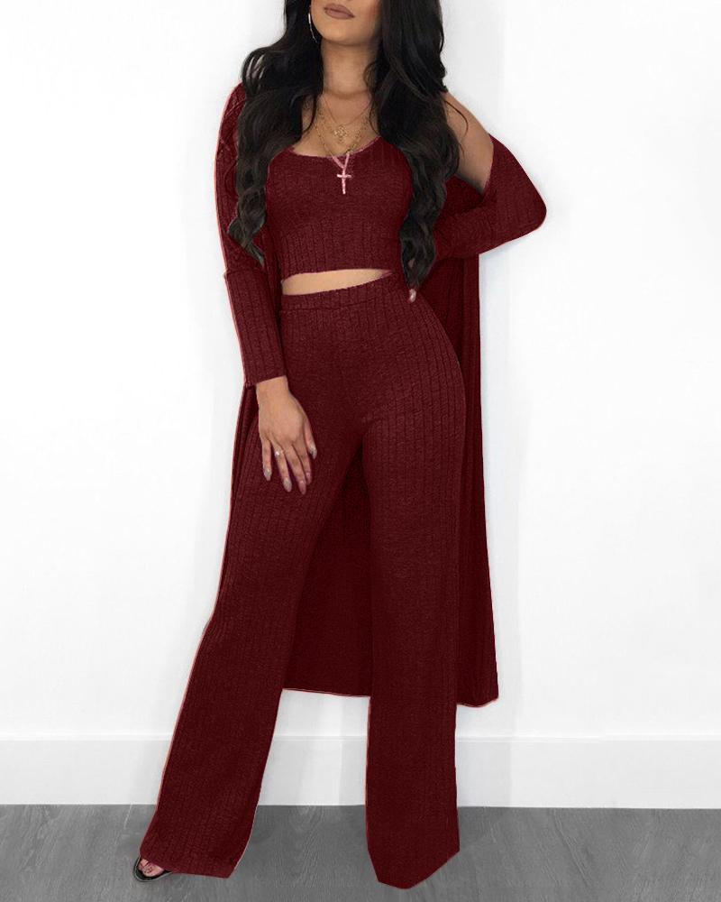 Solid Ribbed Tank & Longline Coat & Wide Leg Pants Sets