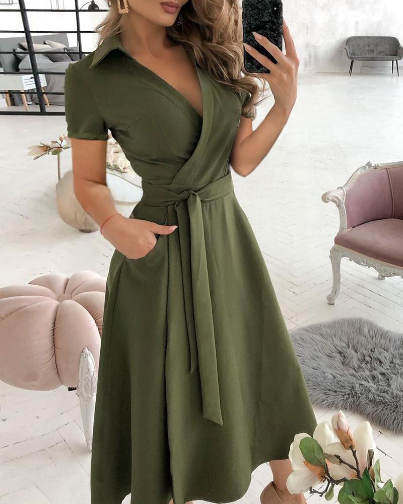

Pocket Design Short Sleeve Wrap Dress With Belt, Army green