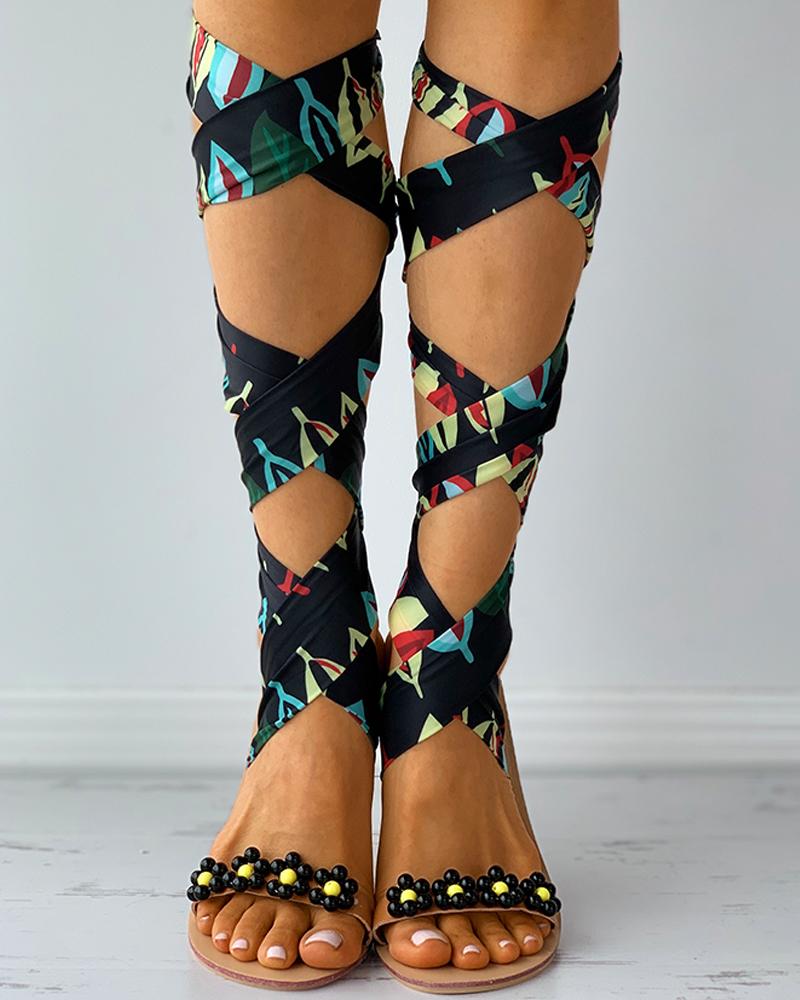 

Colorblock / Floral / Sunflower Print Strappy Flat Sandals, Black