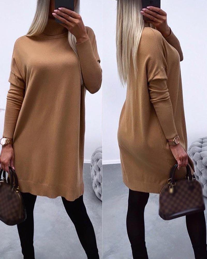 

High Neck Long Sleeve Knit Sweater Dress, Khaki