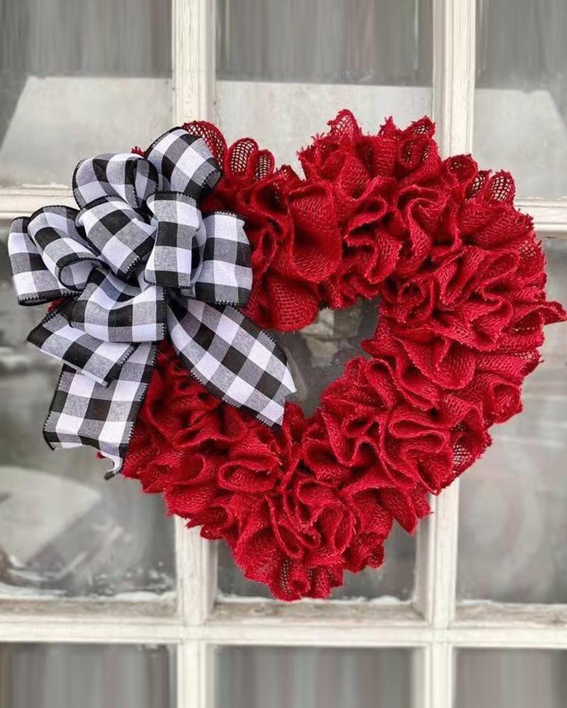 

1pc Ruched Heart Shaped Door Wreath With Bowknot Wedding Decoration, Red