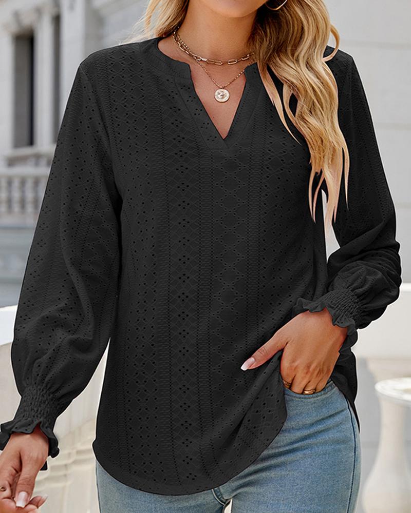 

Notch Neck Shirred Frill Hem Eyelet Embroidery Top, Black