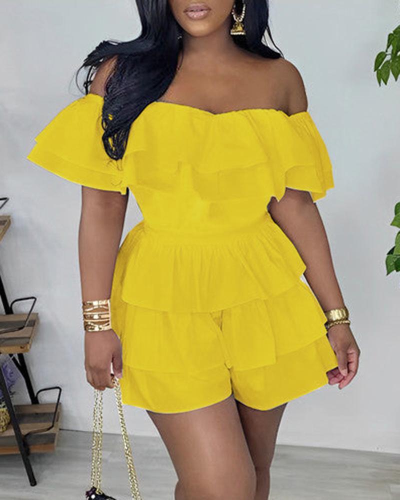 

Off Shoulder Layered Ruffles Romper, Yellow